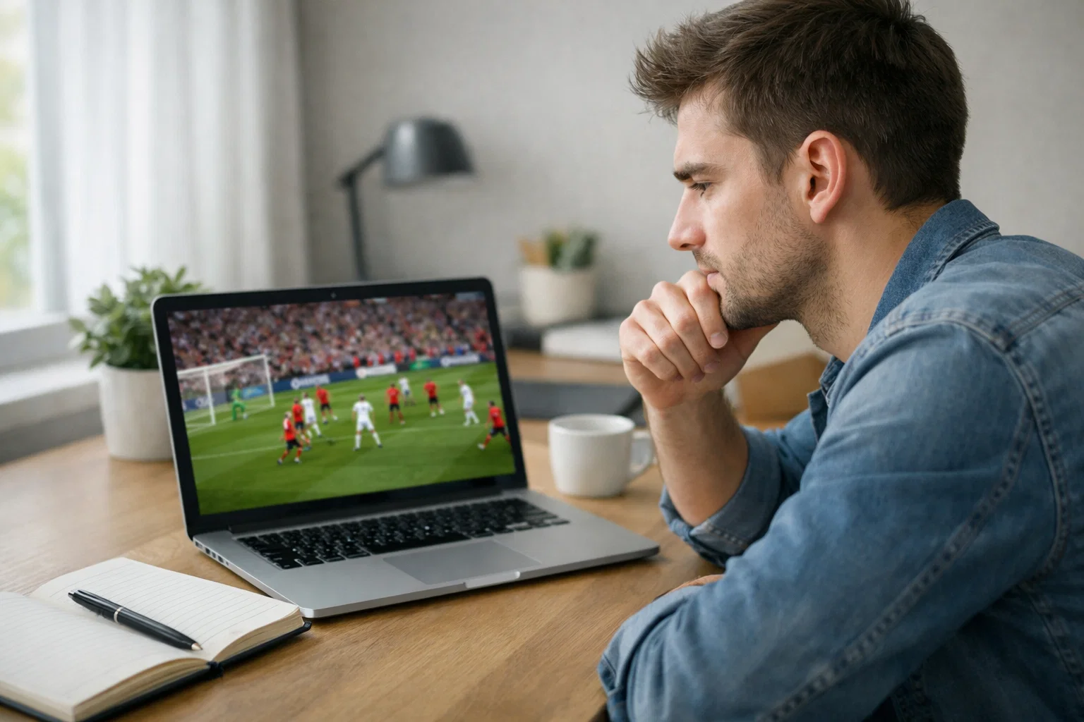 Uomo concentrato che analizza una partita di calcio su laptop