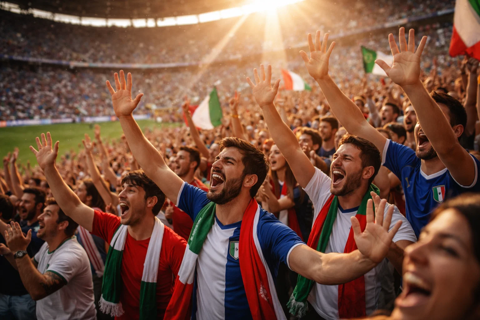 Tifosi che esultano allo stadio durante una partita di calcio al tramonto