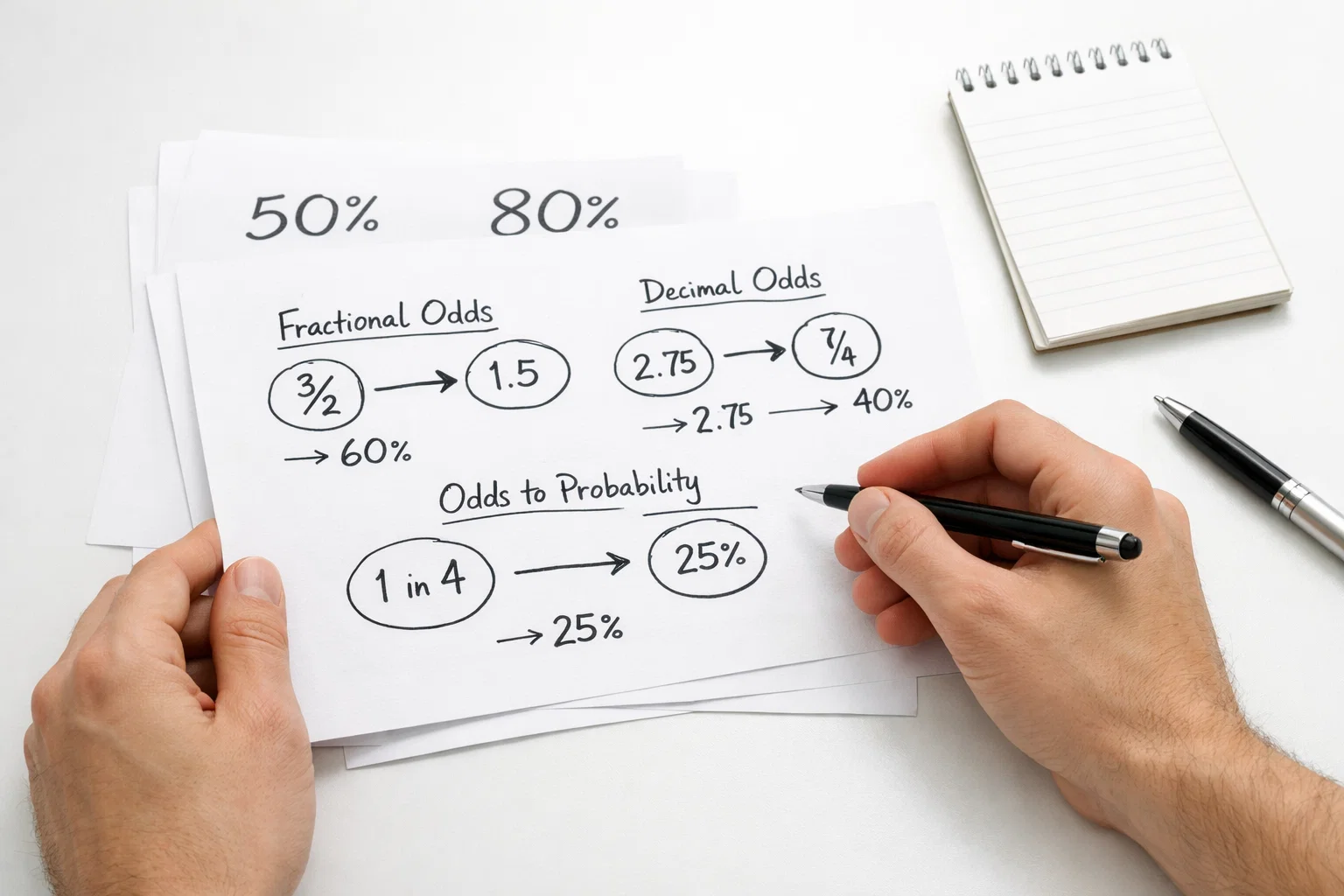 Persona che analizza dati e probabilità su fogli con appunti matematici