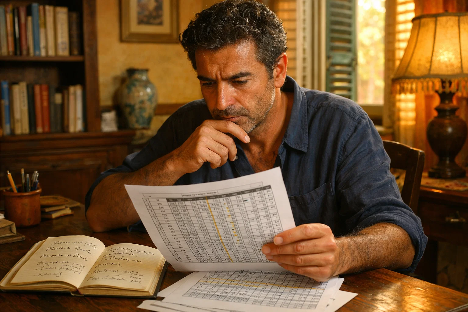 Persona che studia un sistema matematico di gestione puntate su scrivania