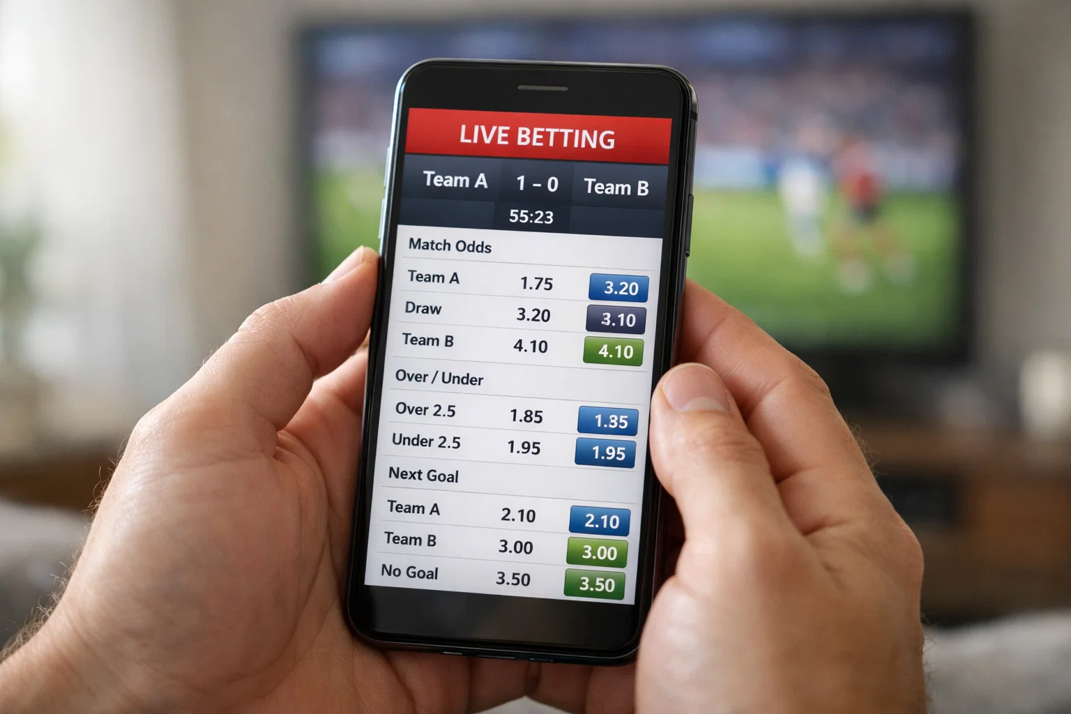Smartphone che mostra le quote in tempo reale durante una partita