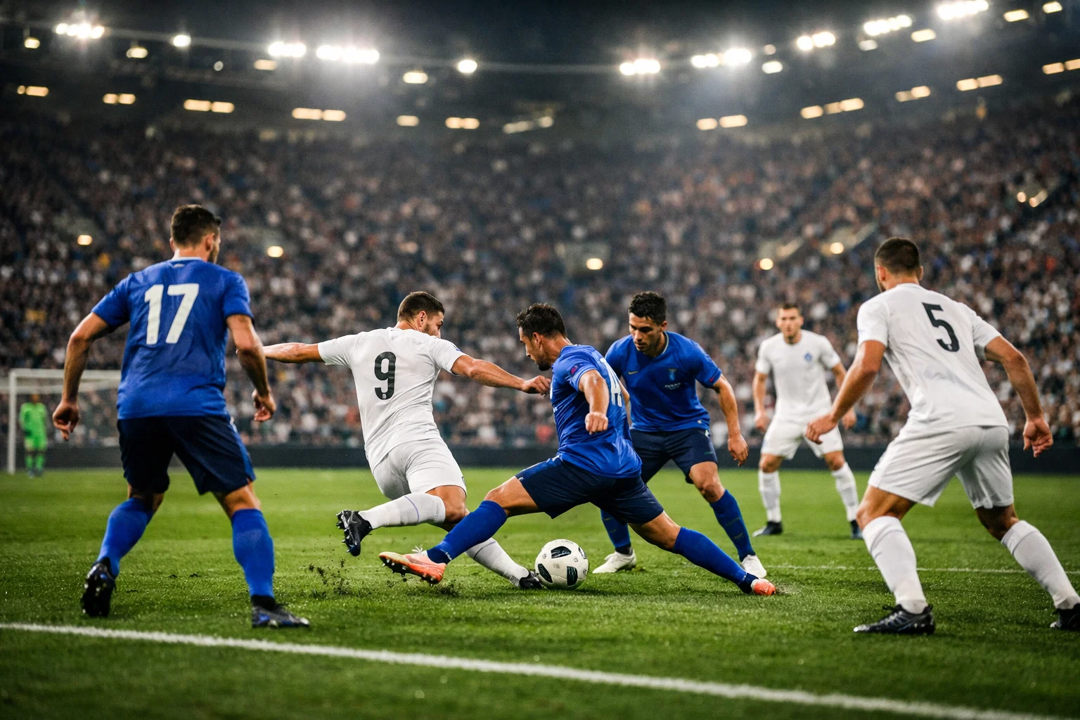 Partita di calcio in corso su campo verde con tribuna sullo sfondo
