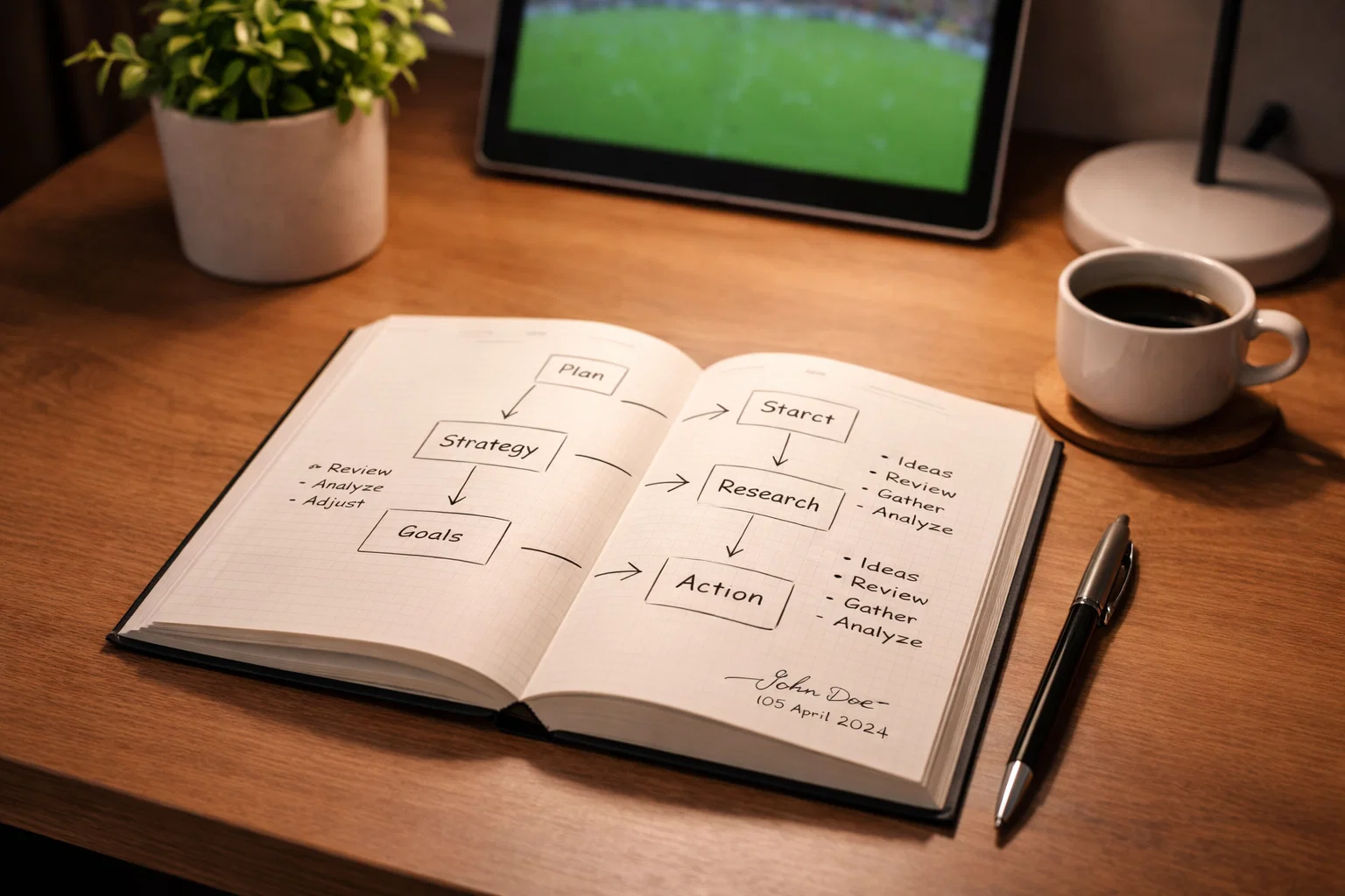 Blocco appunti con strategia di scommesse e penna accanto a schermo con partita